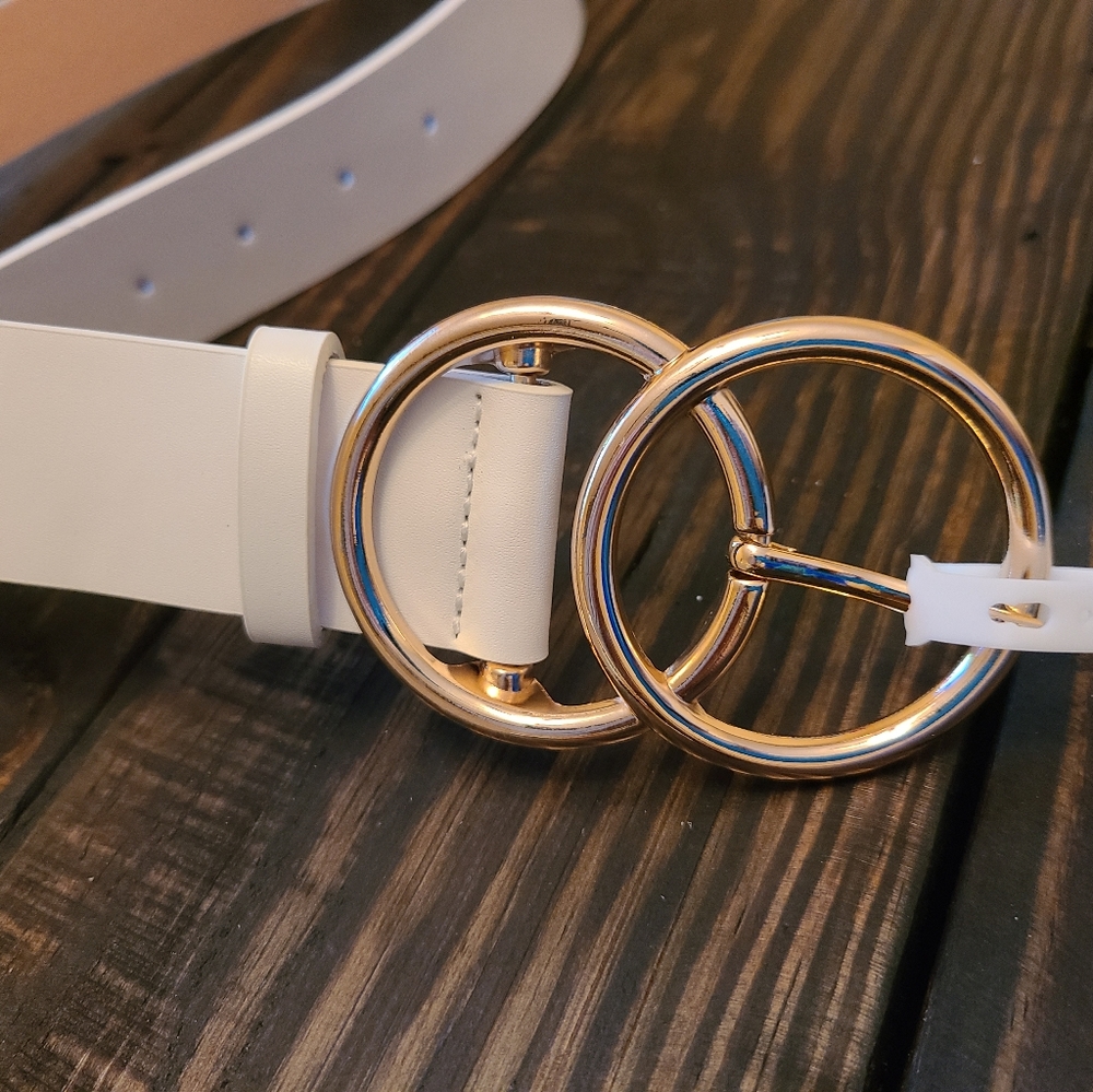 White Gold Faux Leather Double Ring Metal Belt